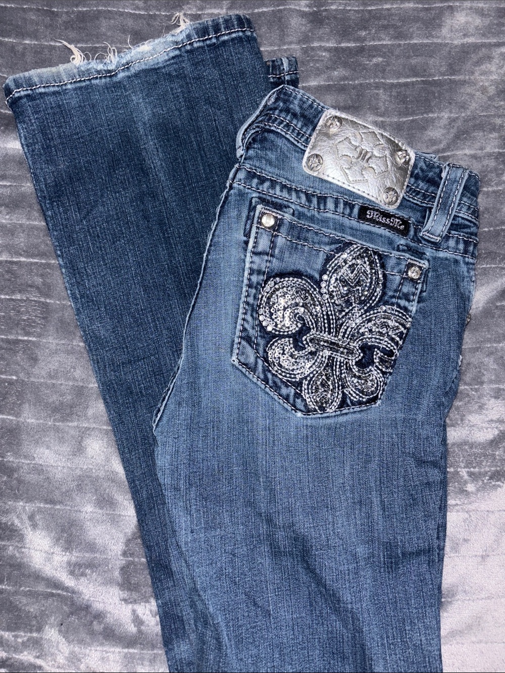 Miss Me Blue Boot Cut Jeans with Embellished Fleur-de-Lis Pocket